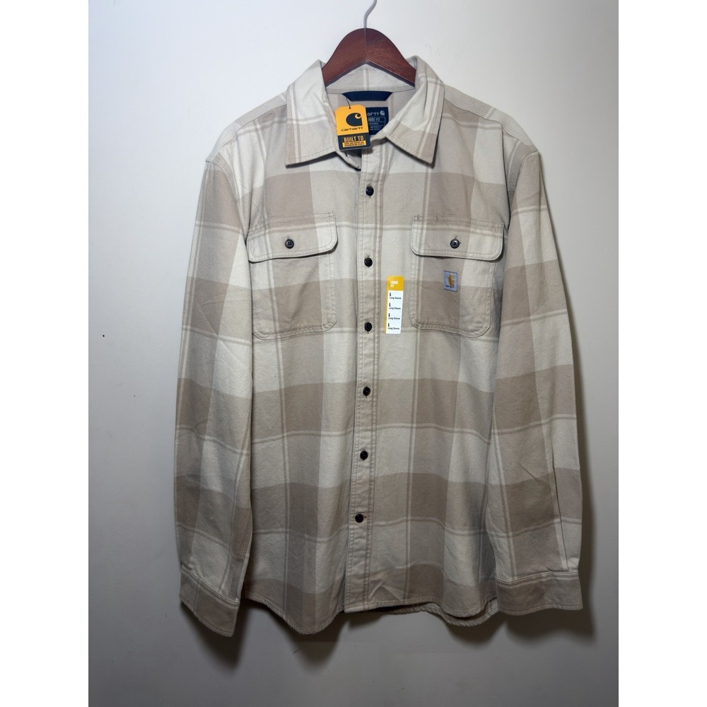 Carhartt Shirt Mens L Tan Plaid Long Sleeve Loose Fit Chore Cozy Work Flannel
